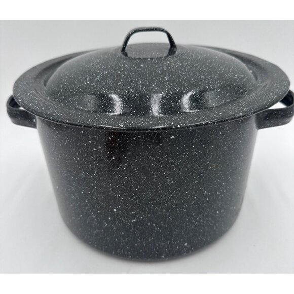 Black Speckled Enamel Stock Pot With Lid 10" Wide 6½" Depth with Handles Soup - Picture 3 of 9